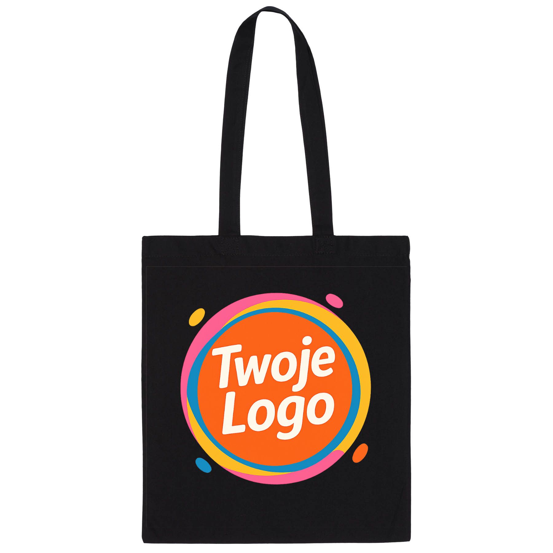 Black tote bag with vibrant custom logo